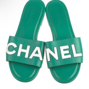 CHANEL Emerald Green Slides with White Logo